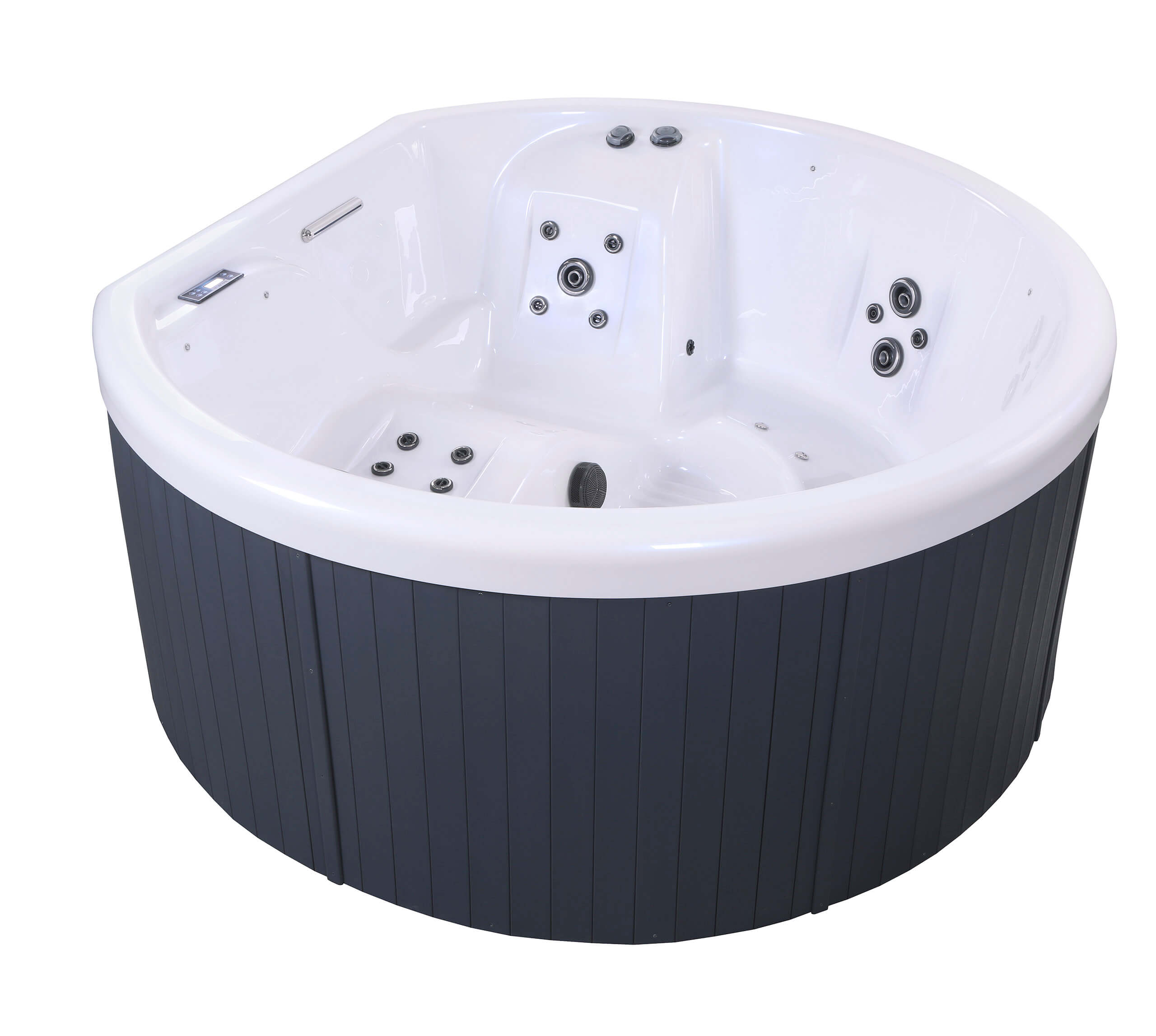 a circular hot tub with black panels