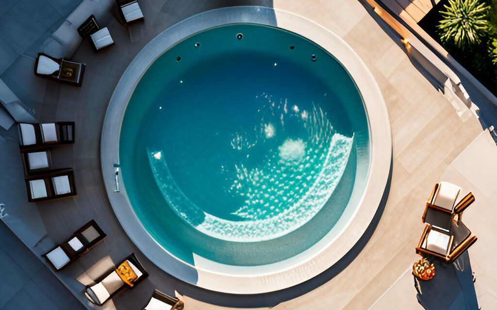 large round hot tub surrounded by deck chairs